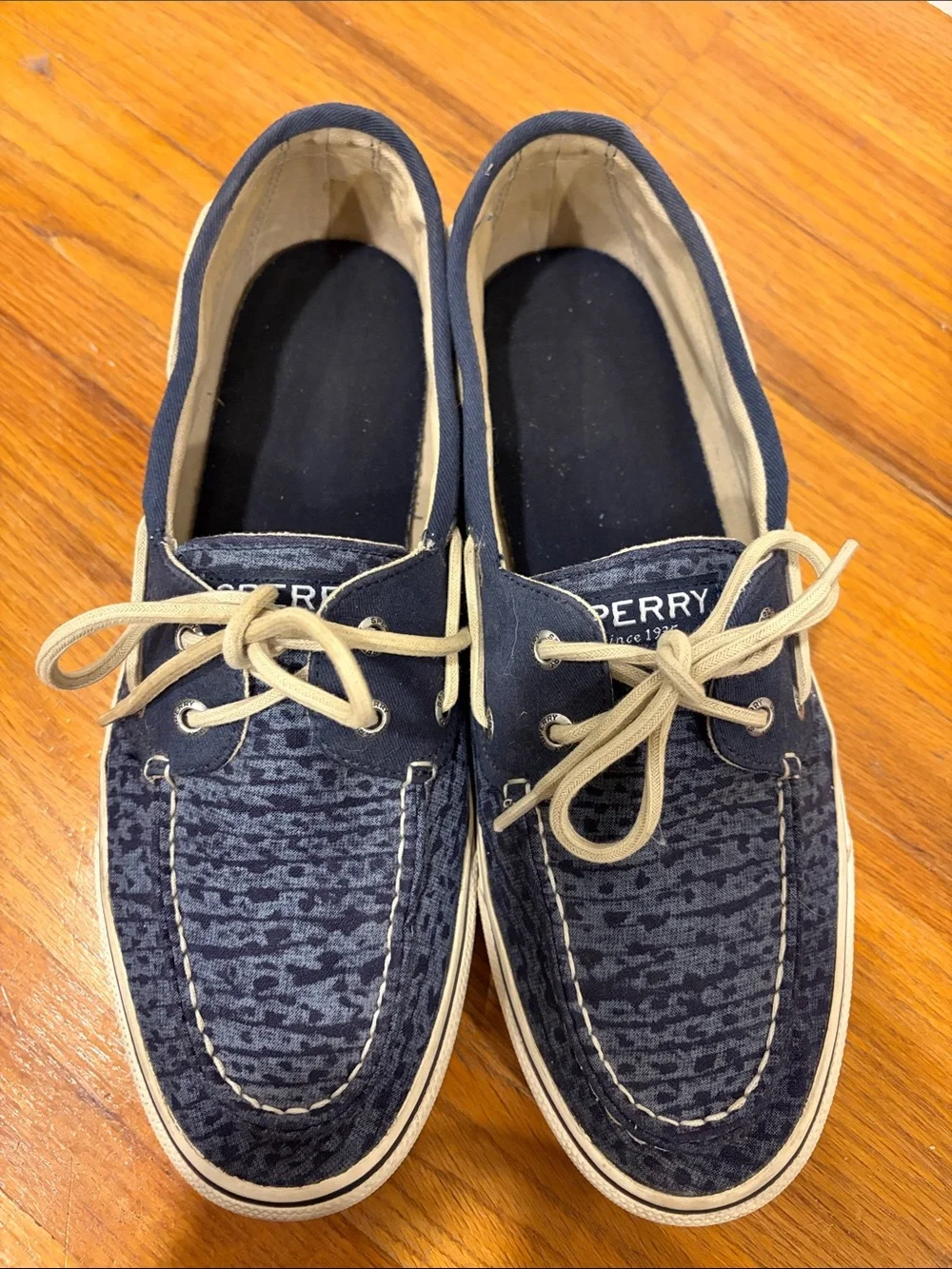 Sperry Navy Patterned Canvas Boat Shoes with Cream Laces
